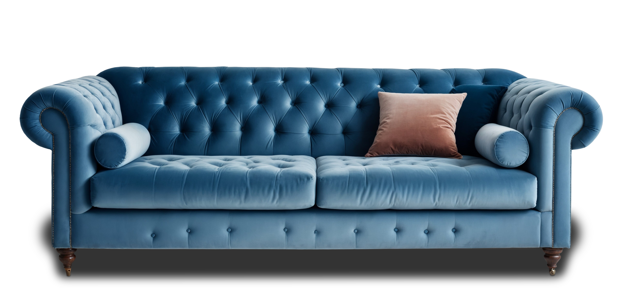 Blauwe gecapitonneerde Chesterfield sofa als maatwerk salonzetel