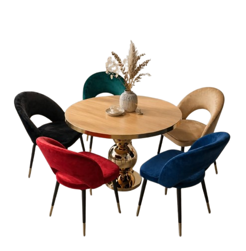 Complete horeca set met ronde tafel en fluwelen stoelen in verschillende kleuren
