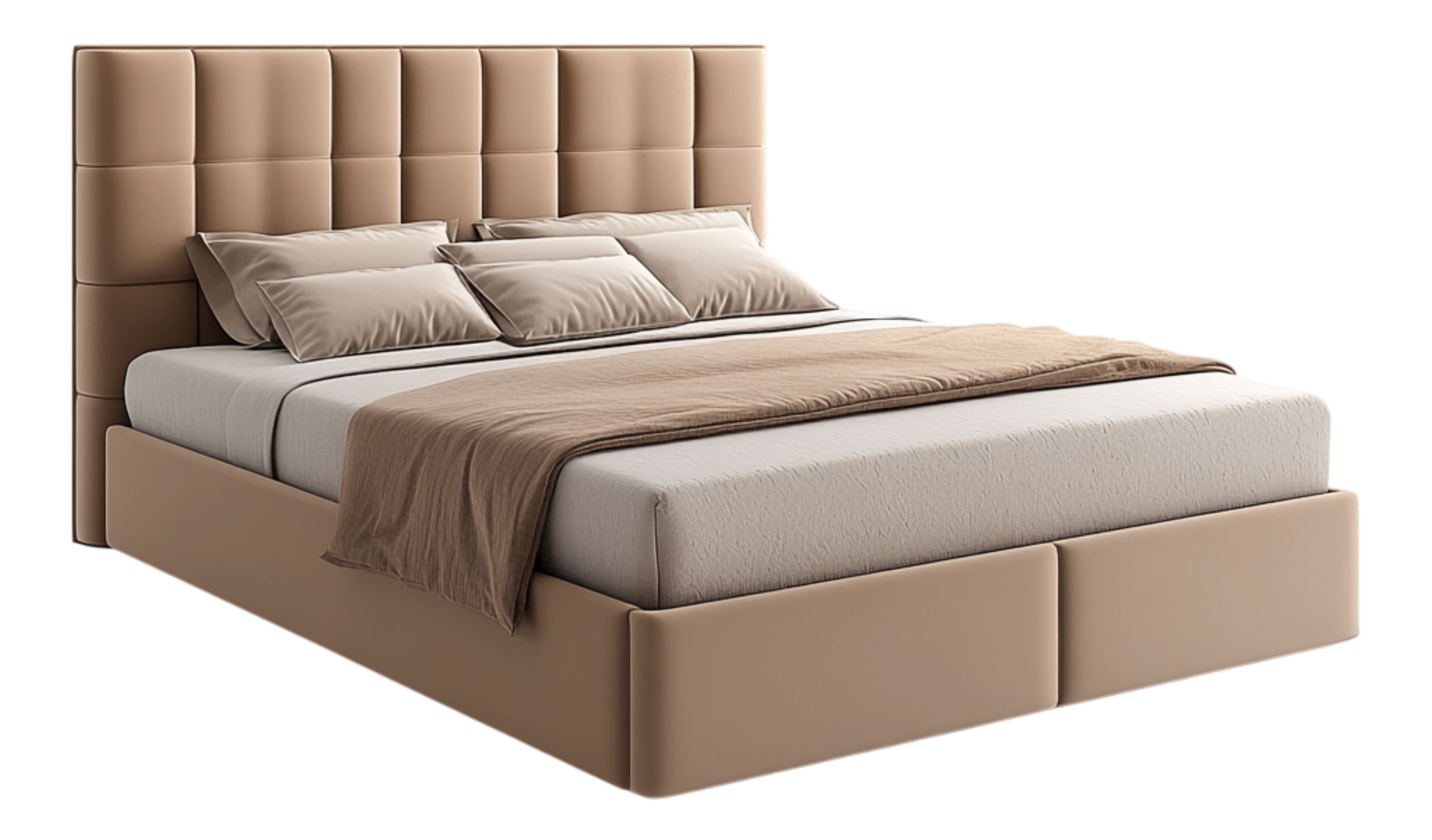 Beige gestoffeerd bed met hoog hoofdbord als voorbeeld van beddesign op maat